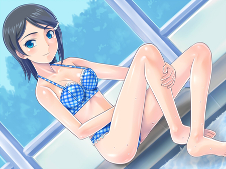 Idolmaster - blush, bikini, short hair, black hair, barefoot, mizutani eri, blue eyes, idolmaster