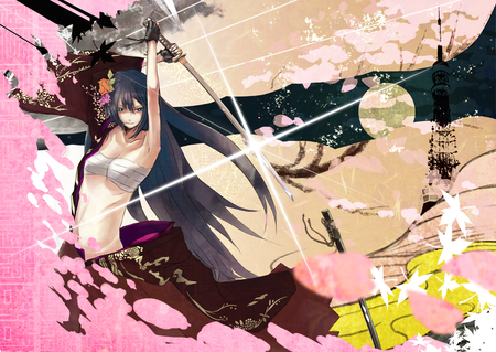 kamui Gakuko - vocaloid, female, japanese clothes, breasts band, katana, moon, anime girl, cherry blossom, hot, sword, vector, rose hair, gakuko, cool, kamui gakuko, leaf, sexy, vocaloids, gloves