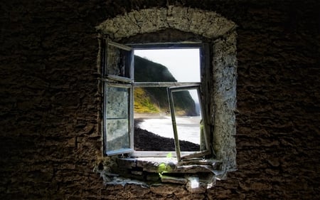 the window - glass, landscape, beach, wall, window, sky, sea, nature, mountain