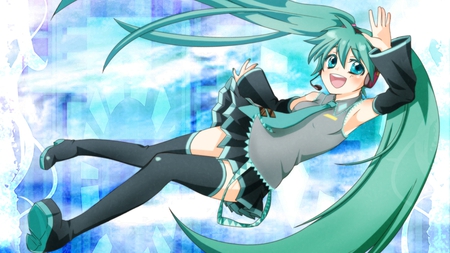 Hatsune Miku - aqua, headset, thighhighs, music, anime girl, stockings, white, art, cool, aqua eyes, artistic, hatsune miku, skirt, leggings, light, song, vocaloids, program, glow, vocaloid, beautiful, uniform, blush, diva, beauty, nice, twintail, singer, aqua hair, black, virtual, pretty, idol, anime, miku, cute, girl, cg, hatsune, microphone, blue, headphones, awesome, digital, gray, outfit