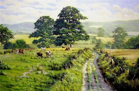 For my friend Jeri (mememe1), with love!!!!! - landscape, cow, field, nature, painting, art, green, tree, grass