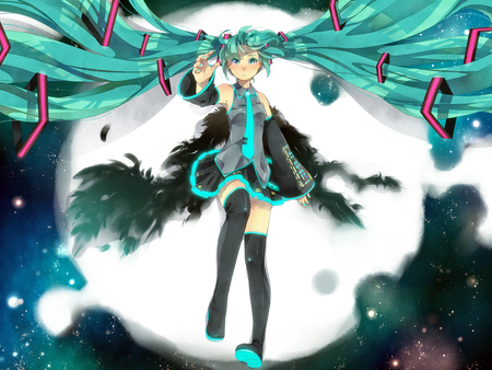 Hatsune Miku - tie, pretty, artistic, angel, pink, light, uniform, space, nice, program, leggings, thighhighs, beauty, virtual, cg, white, gray, wings, cute, aqua eyes, feathers, song, outfit, vocaloid, anime, blue, twintail, hatsune miku, stars, music, aqua, stockings, art, sky, idol, clouds, moon, anime girl, skirt, beautiful, singer, girl, cool, black, glow, miku, awesome, diva, digital, aqua hair, hatsune, vocaloids