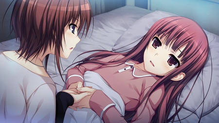 My time is up - girls, koi de wa naku, bed, brown eyes, blue eyes, long hair, kawai, makishima yumi, brown hair, game cg, pajamas, red, anime, cute