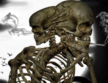 TWO HEADED SMOKING SKELETON - fantasy, smoking, skeletons, creepy, bones