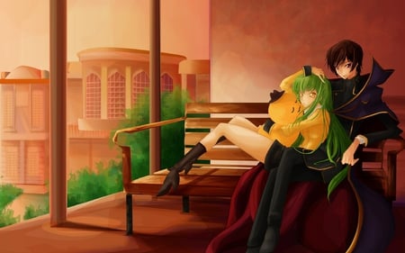 Code Geass - girl, bench, hug, code geass