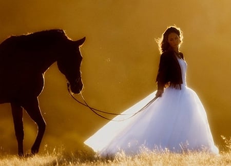 A Walk with my Friend - bride, beautiful, photography, friendship, beauty, gold, friend, horse, nature, autumn, woman, friends