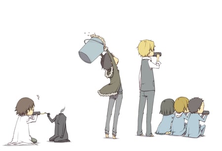 Durarara - durarara, blonde hair, brown hair, orihara izaya, drink, male, short hair, group, sonohara anri, celty sturluson, white, black hair, kida masaomi