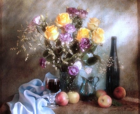 Still life - beauty, roses, soft, still life, apples, fruit, nature, woderful, flowers, colors