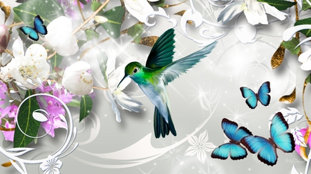 Hummingbird Joy - flowers, summer, humminngbird, butterflies, spring, stars, firefox persona, swirls