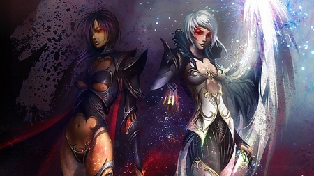 Fantasy Angels - women, red eyes, fantasy warrior, wings, original, armor, fantasy angels