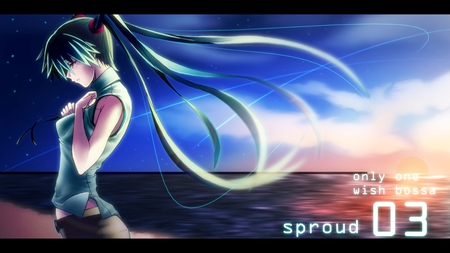 Hatsune Miku - horizon, aqua, hot, heart, music, thighhighs, sunset, anime girl, white, art, cool, aqua eyes, artistic, hatsune miku, sexy, light, song, vocaloids, program, glow, vocaloid, beautiful, uniform, diva, sea, beauty, nice, sky, beach, water, twintail, singer, aqua hair, black, virtual, pretty, clouds, idol, anime, orange, miku, cute, sand, love, ocean, girl, sad, night, cg, hatsune, blue, awesome, digital, outfit