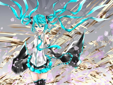 Hatsune Miku - aqua, hot, headset, thighhighs, music, anime girl, stockings, white, art, cool, aqua eyes, artistic, hatsune miku, sexy, skirt, leggings, song, vocaloids, program, vocaloid, beautiful, uniform, diva, beauty, nice, twintail, singer, aqua hair, black, virtual, pretty, idol, anime, miku, cute, girl, gold, cg, hatsune, microphone, headphones, tie, awesome, flowers, digital, gray, outfit