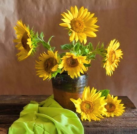 Anna for You - brown, sunflowers, yellow, table, green, flowers, vase