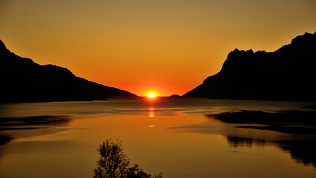 A Grand Gleaming - beautiful, bright, smooth, lake, golden, orange, mountains