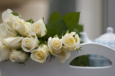 tea and roses - teapot, white roses, bouquet, still life