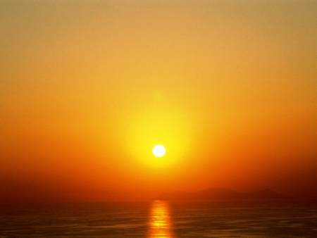 Hot & Hazy - reflections, sunset, water, yellow, red, sun, sky