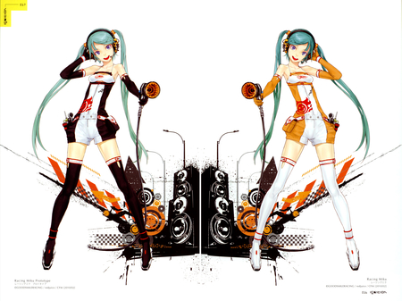 Vocaloid - hatsune miku, headphones, vocaloid, blue eyes, long hair, aqua hair, 2girls, dress