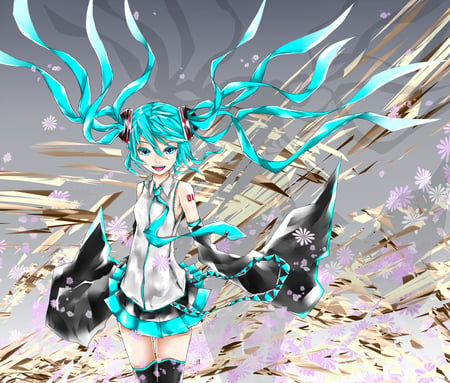 miku splace - blue hair, alone, blue eyes, long hair, dress, ciel