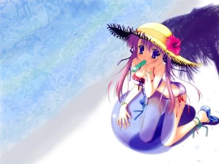 Beach - hibiscus, ocean, beach, hat, straw, girl, water, ball, bikini, anime, sea, sand, flower