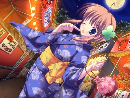 Festival - festival, lanterns, anime, girl, night, celebration, ribbon, games, bow, full moon, kimono, prizes