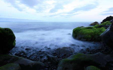 Ocean Cliffs - water, peat bog, cliff, ocean, stones, sky