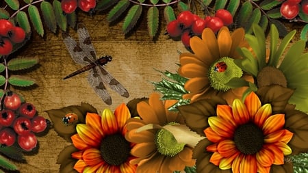 Celebrate Autumn - autumn, berries, lady bug, ladybugs, fall, dragonfly, colors, flowers, firefox persona