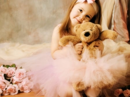 Princess with teddy bear - princess, people, girl, bear, pink, toy, teddy, rose