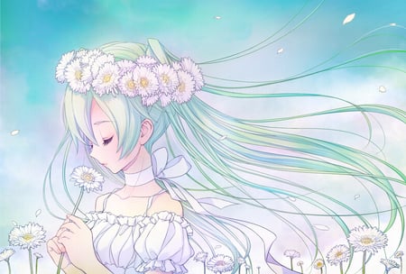 Hatsune Miku - pretty, artistic, meadow, pink, flowers, nice, program, beauty, virtual, petals, cg, wind, white, cute, aqua eyes, song, vocaloid, blue, twintail, hatsune miku, music, aqua, art, sky, idol, clouds, anime girl, beautiful, singer, girl, cool, black, miku, awesome, diva, painting, digital, aqua hair, hatsune, vocaloids