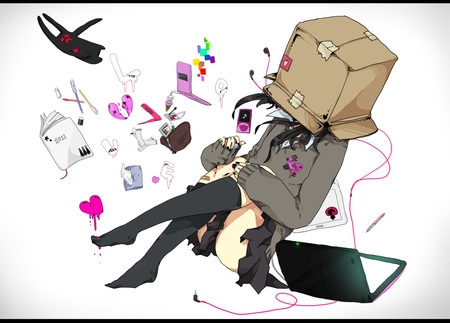 Original - barefoot, box, phone, long hair, uniform