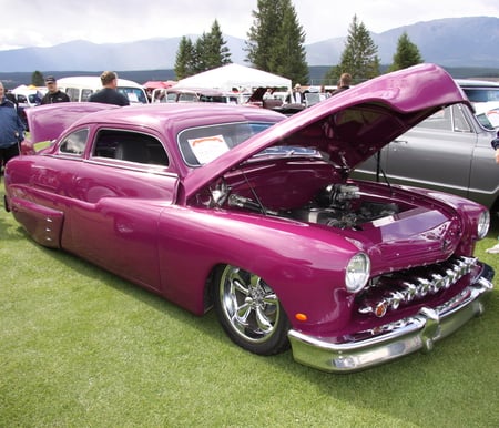 1951 Mercury by Ford  - nickel, tent, chrome, trees, photography, ford, mountains, engine, black, white, headlights, purple, silver, tire, green