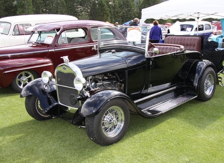 Ford 1924 at the Radium Hot Springs car show 46  - grills, tent, trees, photography, ford, engine, burgundy, black, white, headlights, silver, tire, green, seats