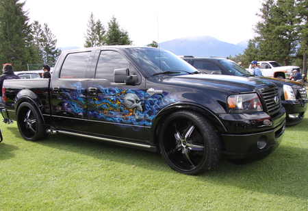 Ford F 150 TRUCK  - trees, tires, headlights, blue, photography, grass, truck, black, design, green, ford