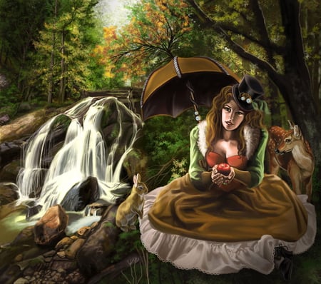 Snow White - forest, fantasy, beauty, river, girl, abstract