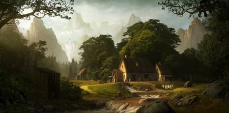 Trolls House - house, abstract, river, fantasy, forest, mountains