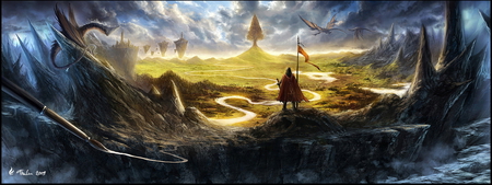 My World - abstract, fantasy, warrior, dragons, road, mountains, castle