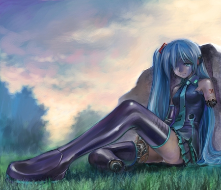 alone miku - long hair, ciel, destrutive, yard, blue eyes, blue hair