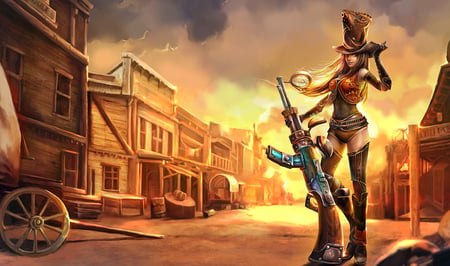 Caitlyn - deserted, girl, cowgirl, long hair, boots, wheel, caitlyn, town, weapon