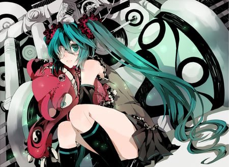 miku hatsune - dark, pink, blue eyes, long hair, green hair, sit, dress