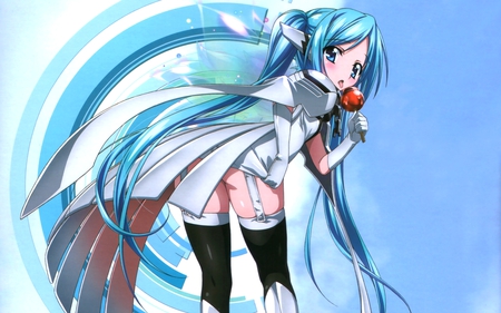 Nymph - aqua, hot, angel, wings, thighhighs, white, amazing, cool, garterbelt, sexy, leggings, stunning, forte, beautiful, sweet, candy apple, uniform, butt, nice, beauty, sky, clouuds, twintail, black, pretty, cute, mecha, candy, blue, awesome, nymph, sora no otoshimono, angeloid