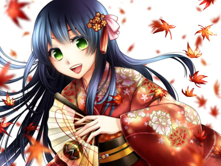 Anime - fan, girl, design, long hair, petals, anime, leaves, kimono, flowers