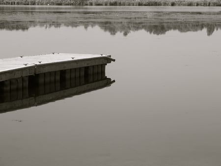 Dock - black and white, lake, dock, reflection