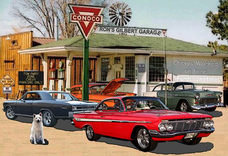 Ron's Gilbert Garage - nostalga, cars, akita, dog, garage, chevrolet