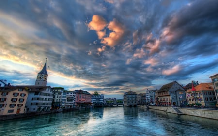 Zurich At Sunset - alley, road, beautiful, bridge, architecture, view, river, city, nature, sunset, colorful, water, beauty, buildings, peaceful, sky, zurich, building, houses, clouds, lovely, splendor, house, colors