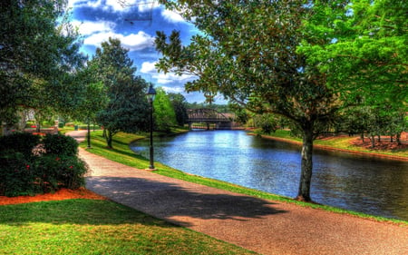 Beautiful Place - pretty, sunny, alley, blue, romantic, splendor, grass, romance, walk, leaves, path, view, sky, way, clouds, trees, water, beautiful, lanterns, road, beauty, colors, lovely, lantern, tree, colorful, river, nature, green, peaceful, bridge