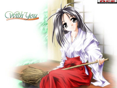 Waiting - women, anime, kimono, broom