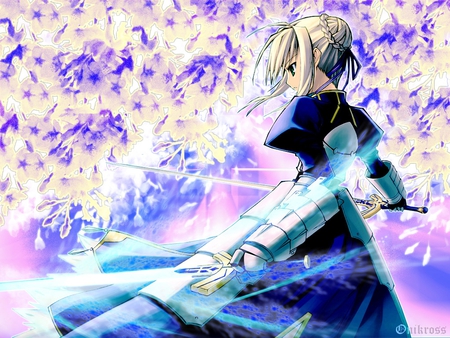 saber_cherry bloosom - action, awesome, fate stay night, saber, anime