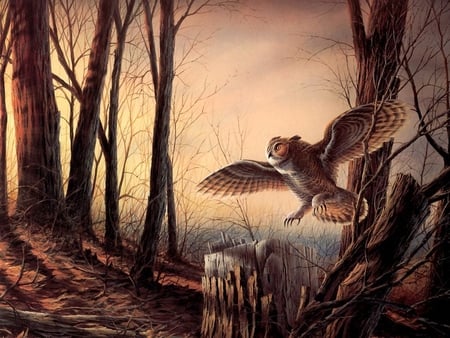 Terry Redlin - animal, bird, owl, terry redlin, painting, nature, art