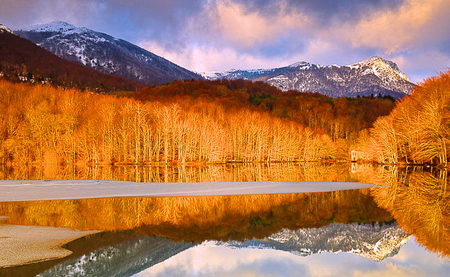 Sentinels - autumn, trees, banks, mountains, gold, reflections, river, orange, colors