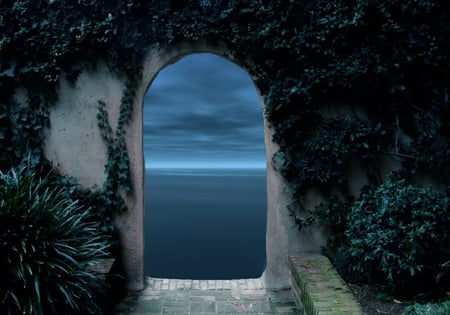 DOORWAY TO THE SEA - ferns, doorway, ocean, arch