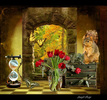 Window Whimsy - collage, flowers, animals, window